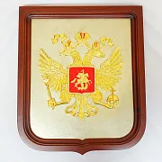 Плакетка «Герб России» из латуни и дерева — оригинальный подарок — фотография 2
